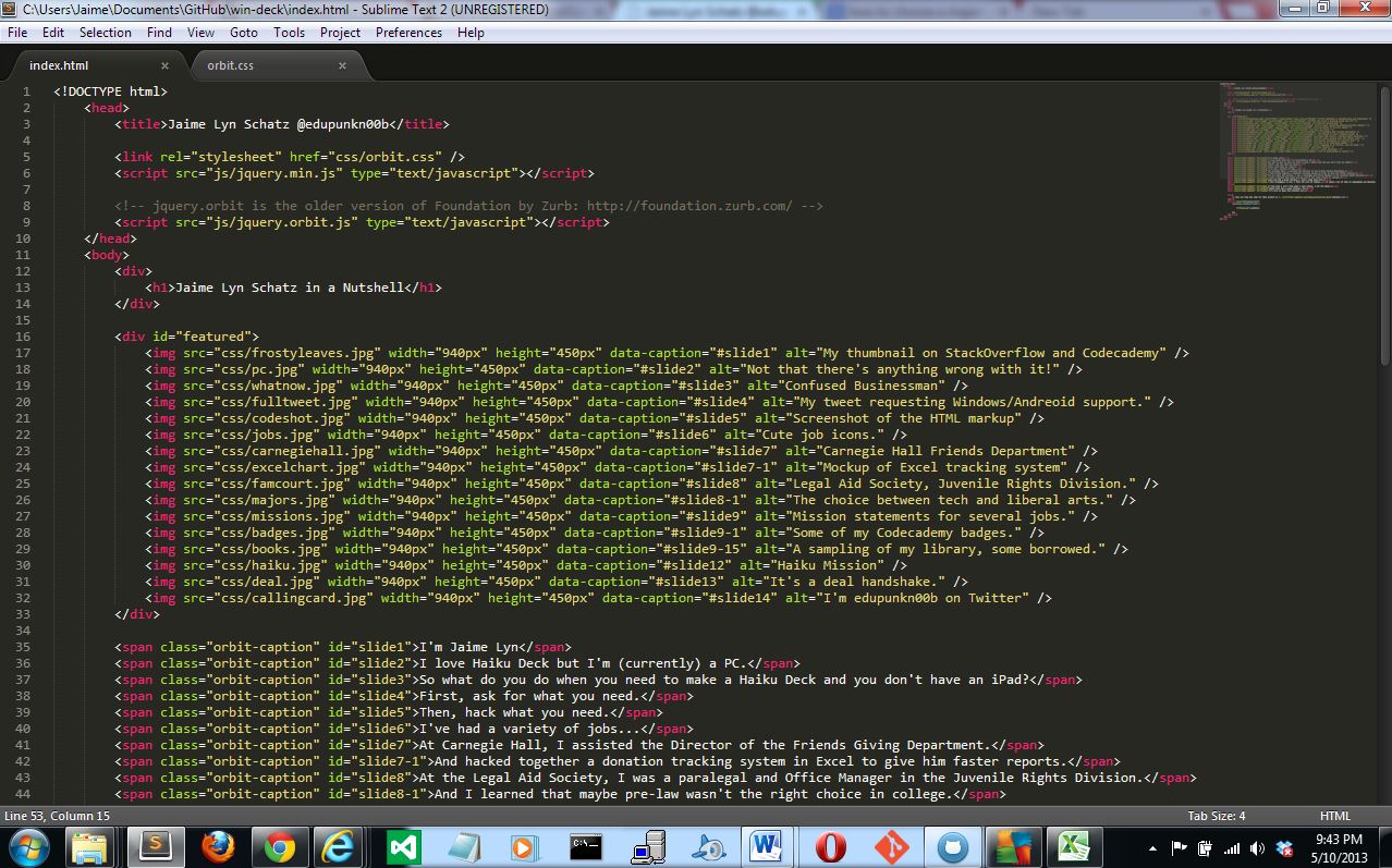 Screenshot of the HTML markup